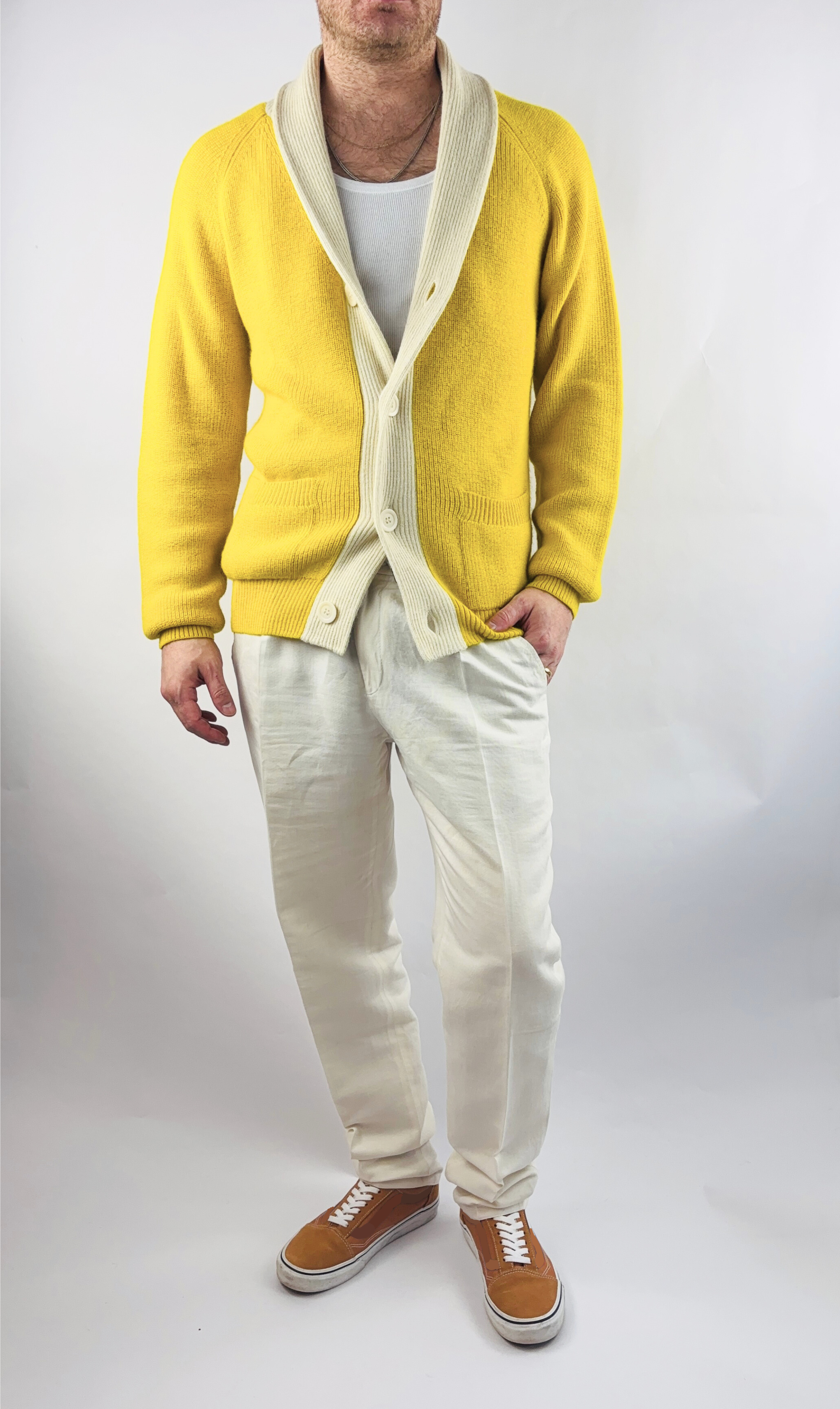 Cardigan Handmade in Peru Baby Alpaca Wool Regular Fit Shawl Collar Yellow