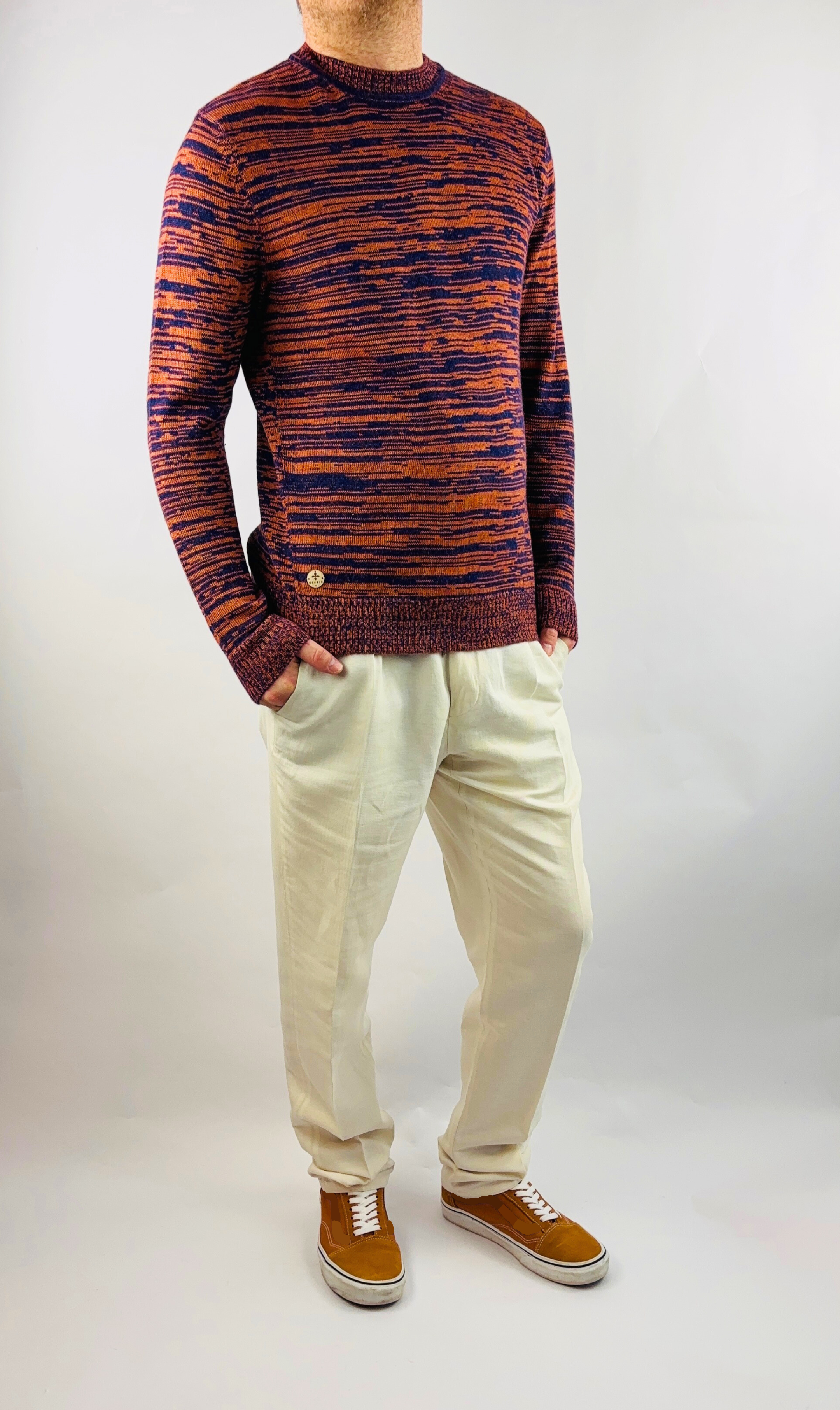 Pullover Handgemacht in Peru Baby Alpaka Wolle Slim Fit Rundhals Orange/Lila