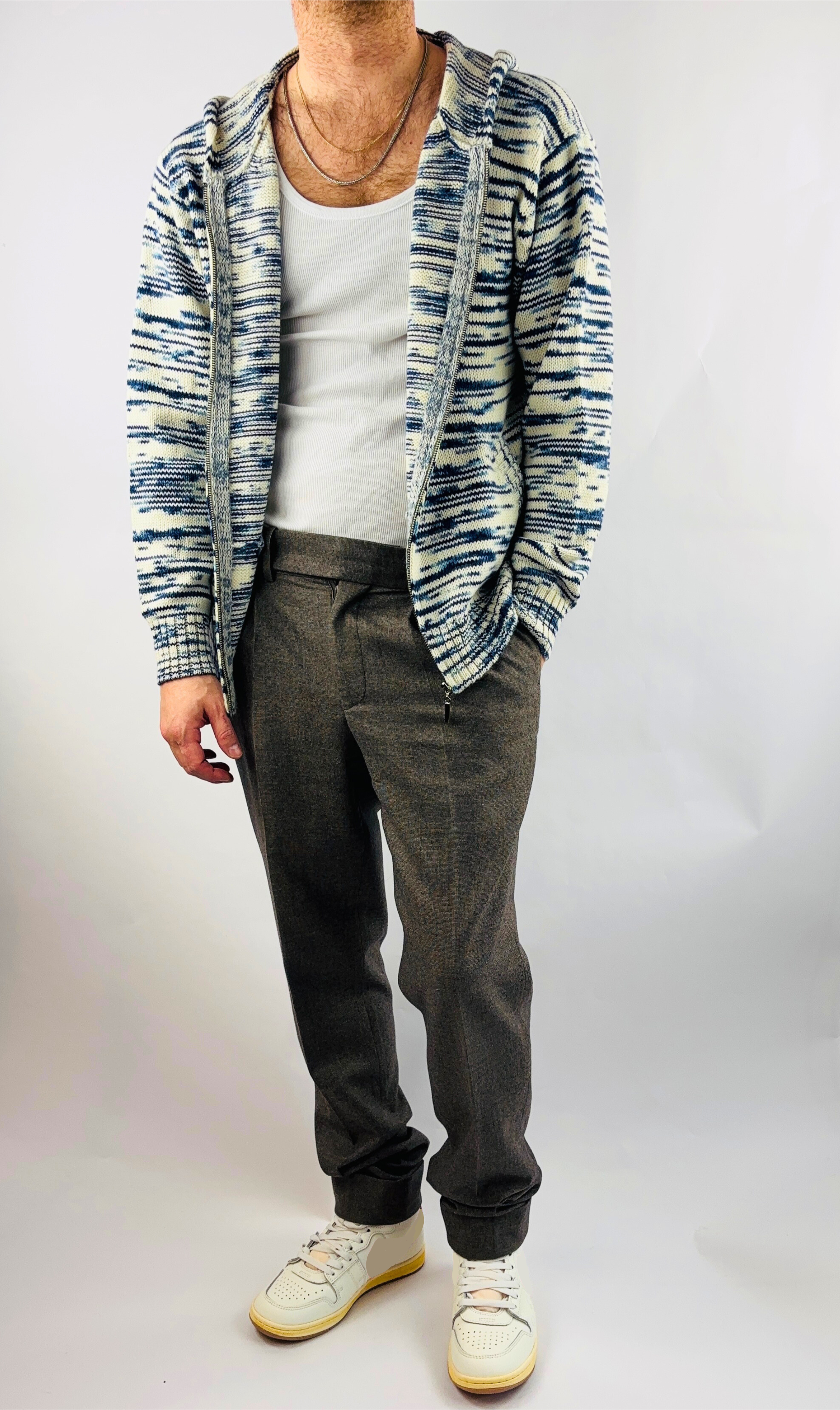 Hoodie Handmade in Peru Baby Alpaca Wool Regular Fit Hood/Zipper Blue/White