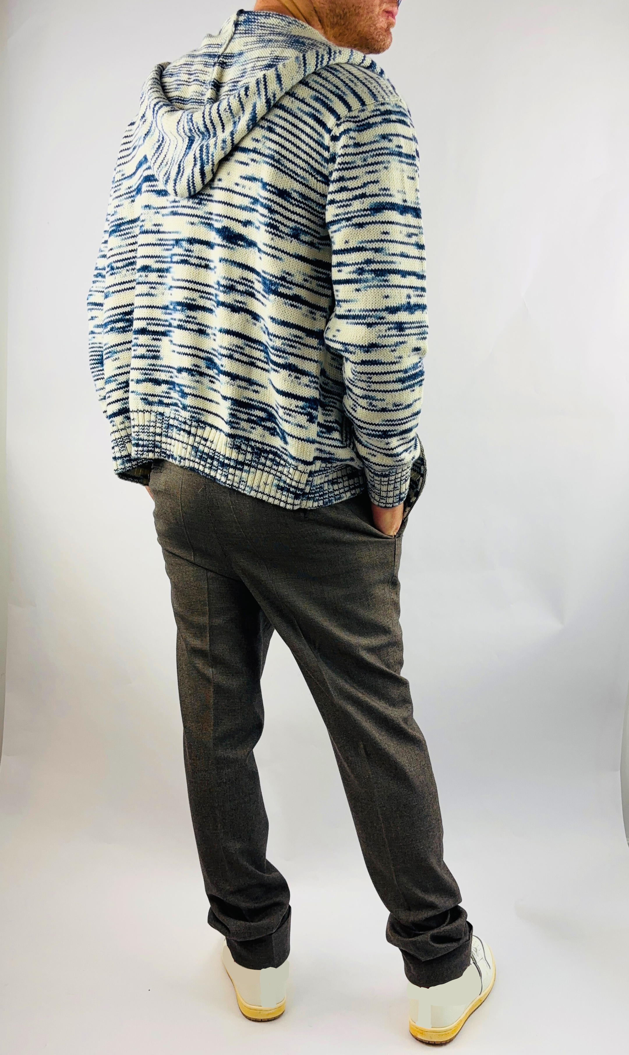 Hoodie Handmade in Peru Baby Alpaca Wool Regular Fit Hood/Zipper Blue/White