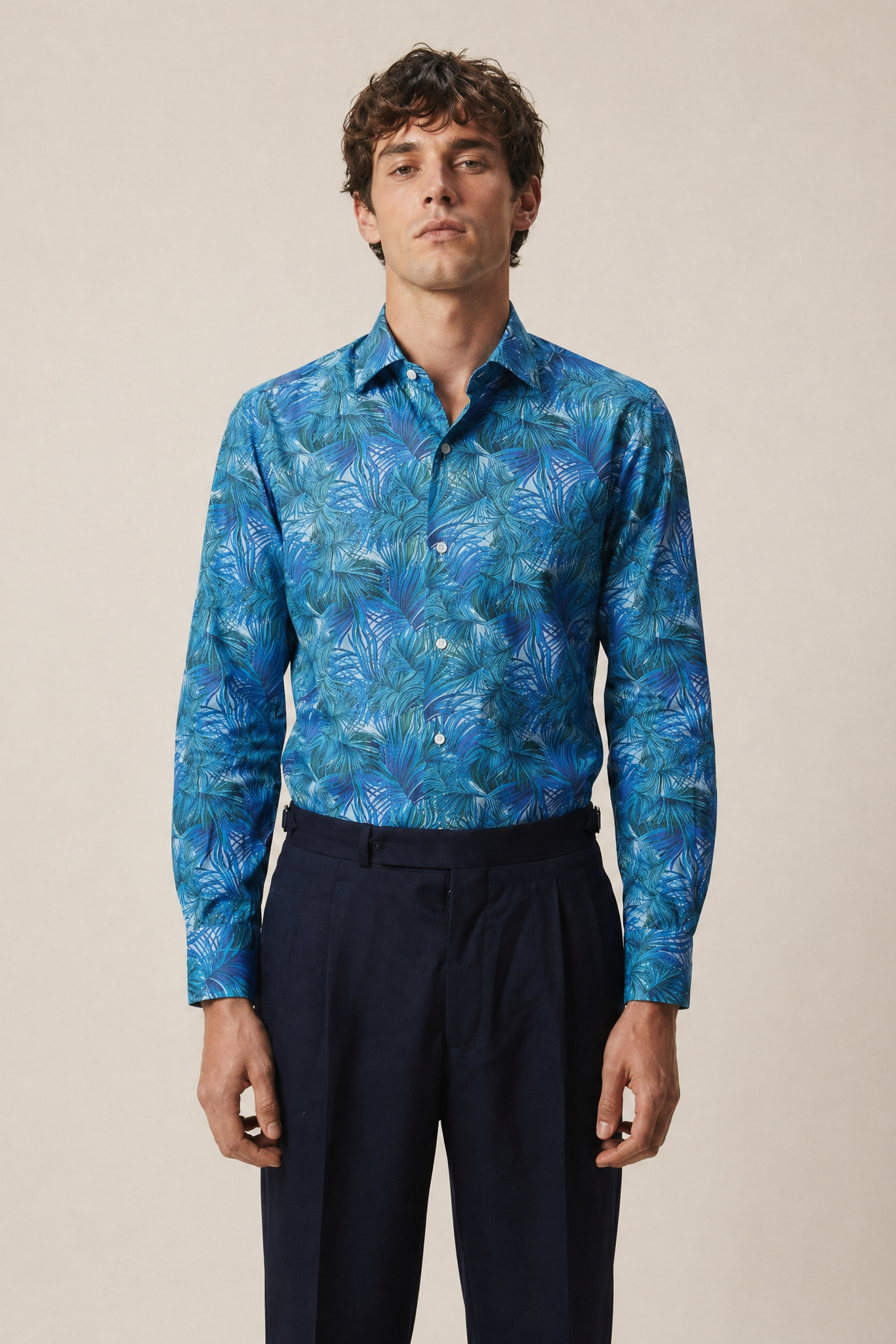 Palmenprint Hemd Slim Fit Blau