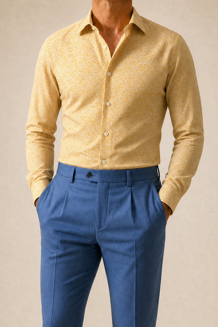 Palm Print Slim Fit Yellow Shirt