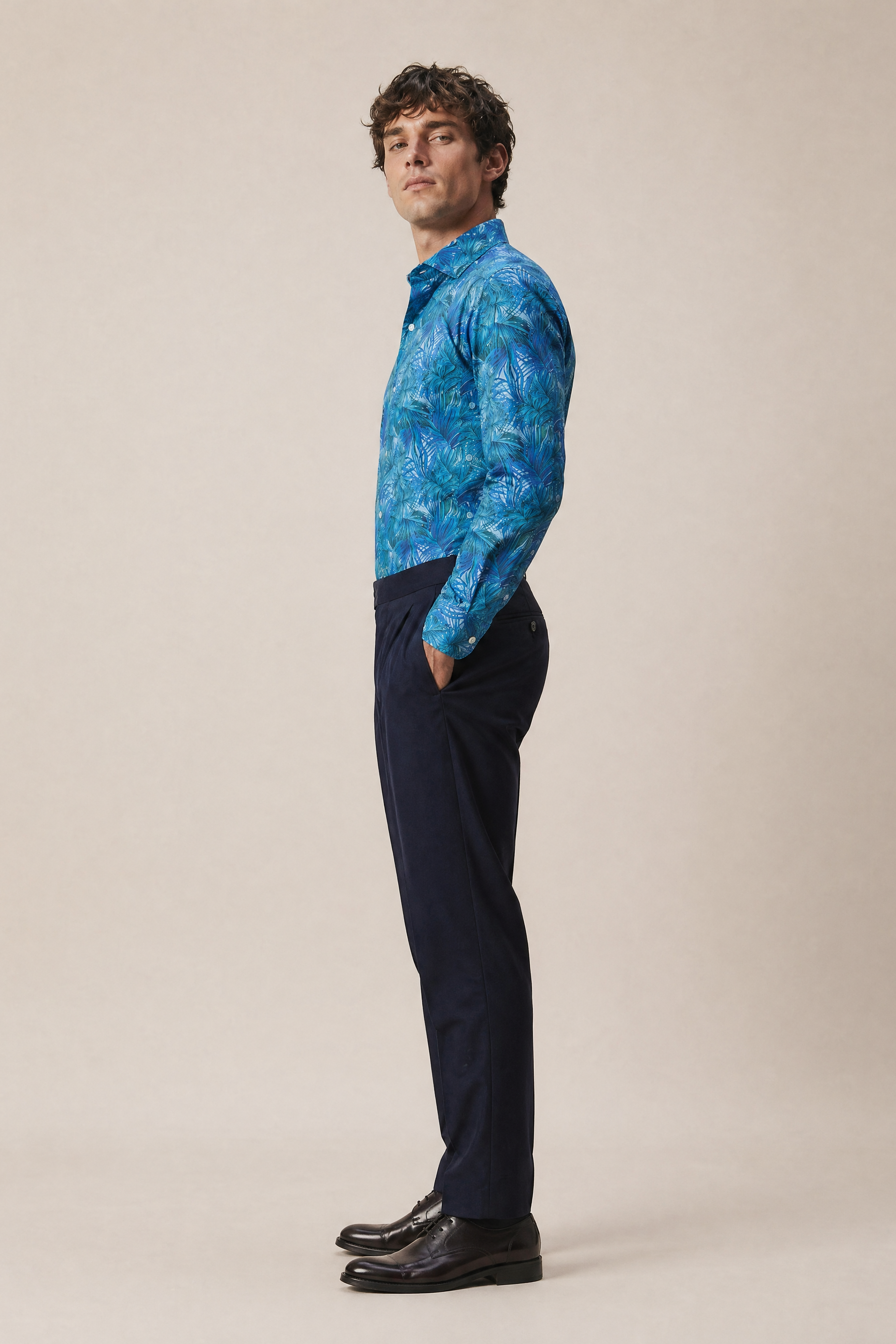 Palmenprint Hemd Slim Fit Blau