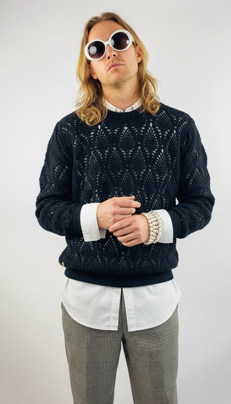 Crochet Sweater Handmade in Peru Baby Alpaca Wool Regular Fit Round Neck Black