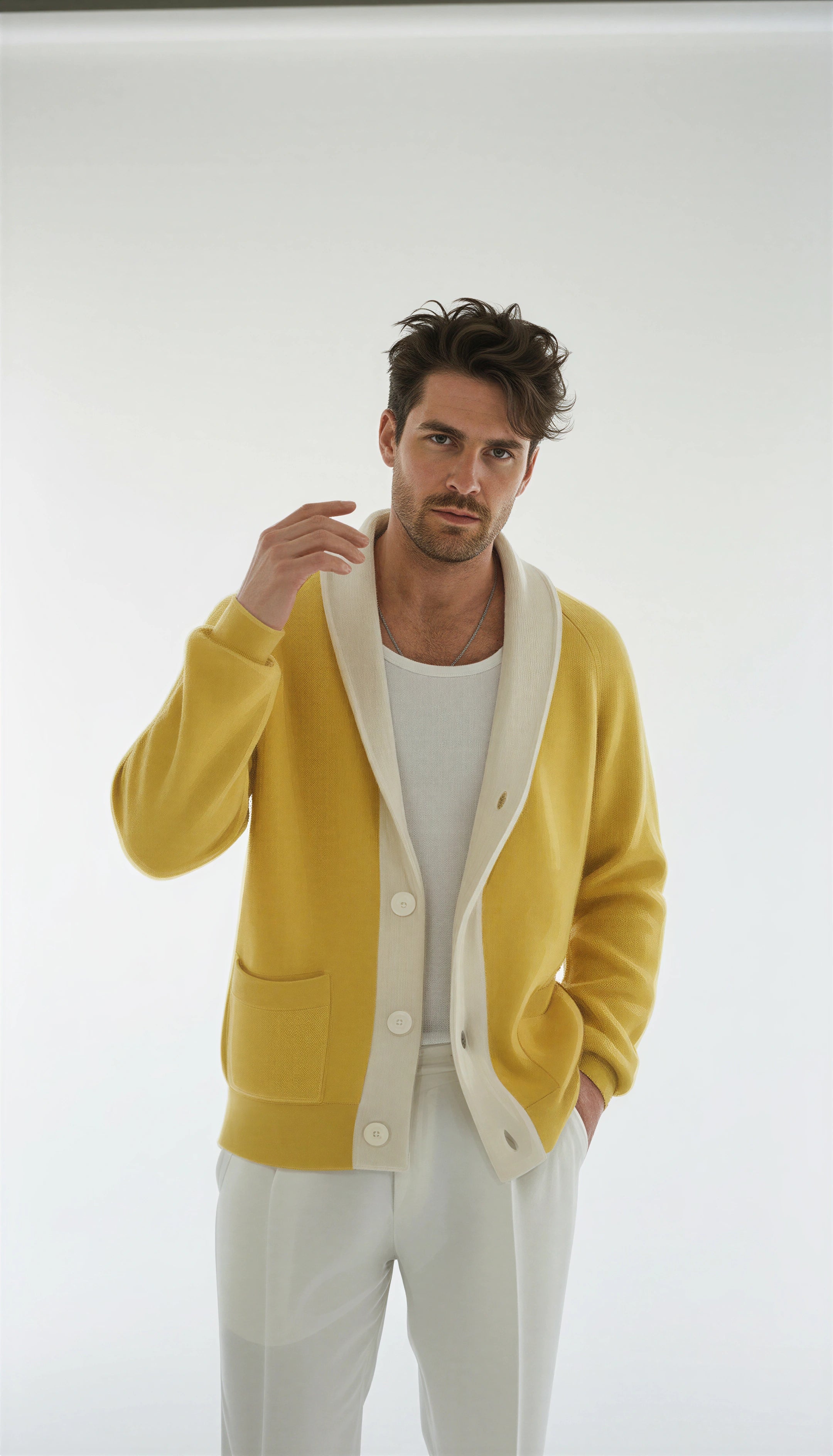 Cardigan Handmade in Peru Baby Alpaca Wool Regular Fit Shawl Collar Yellow