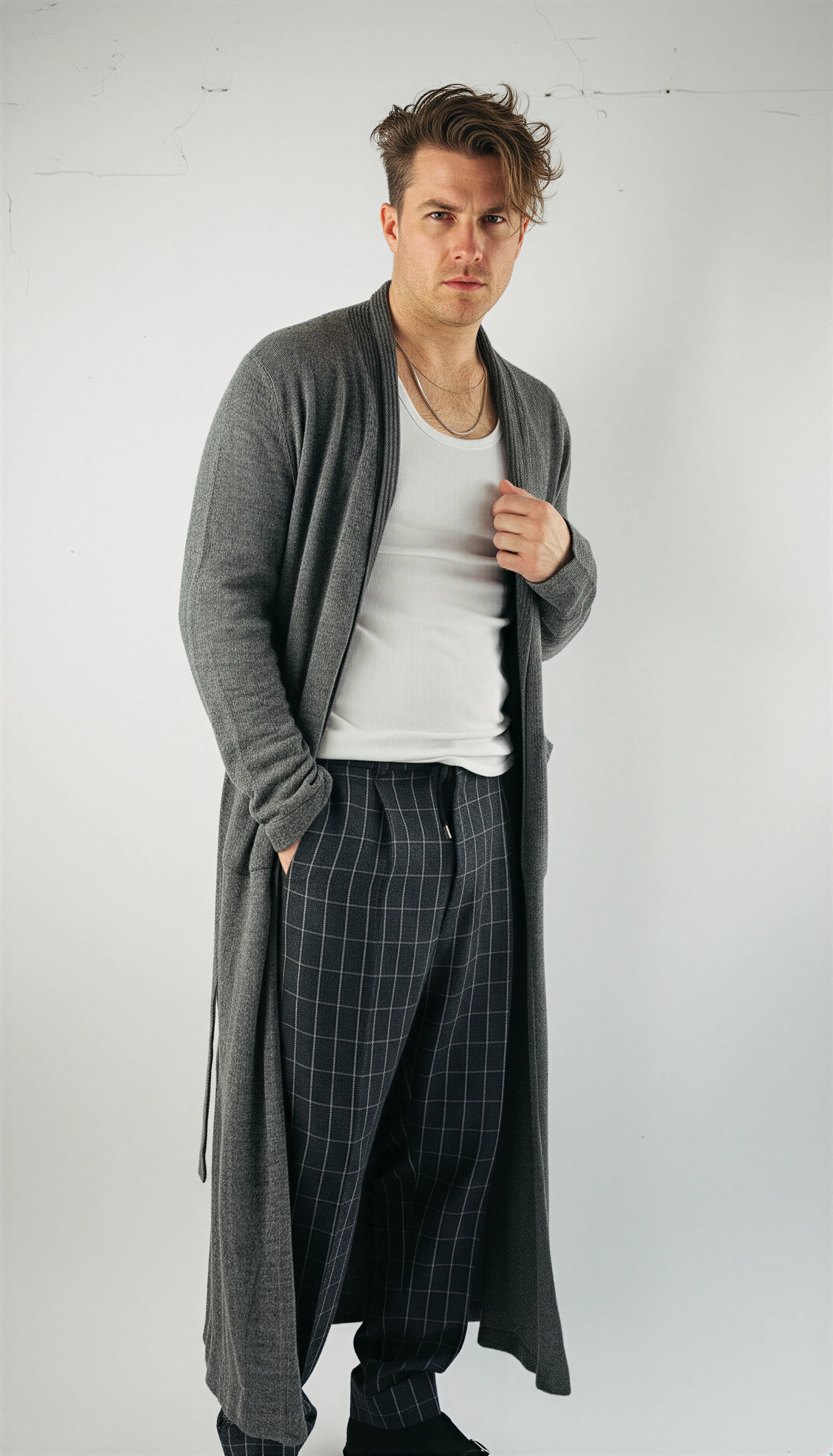 Cardigan Handmade in Peru Baby Alpaca Wool Long Slim Fit Scarf V-Neck Grey