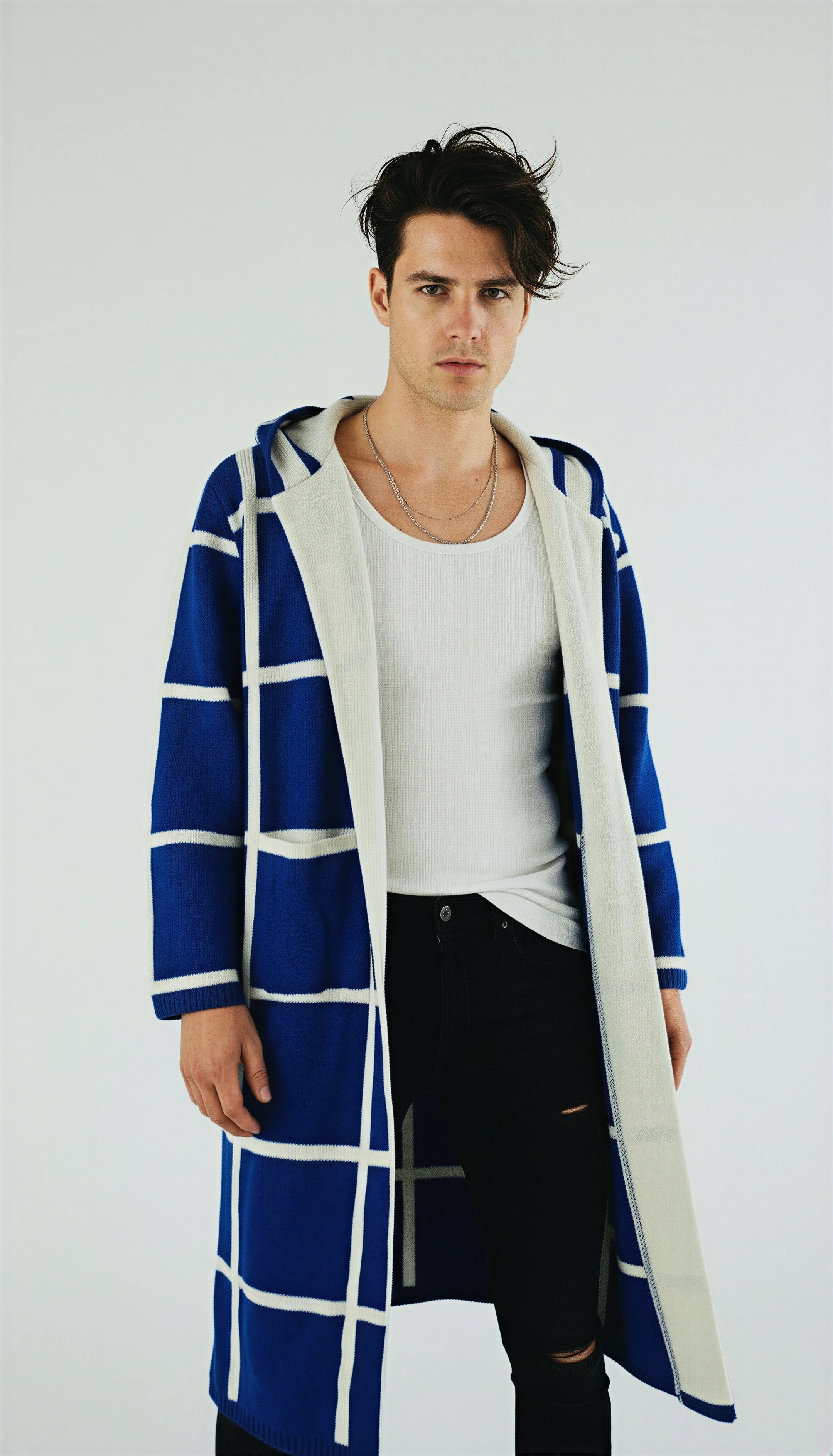 Cardigan Handmade in Peru Highland Wool Long Regular Fit V-Neck Blue/White Checked