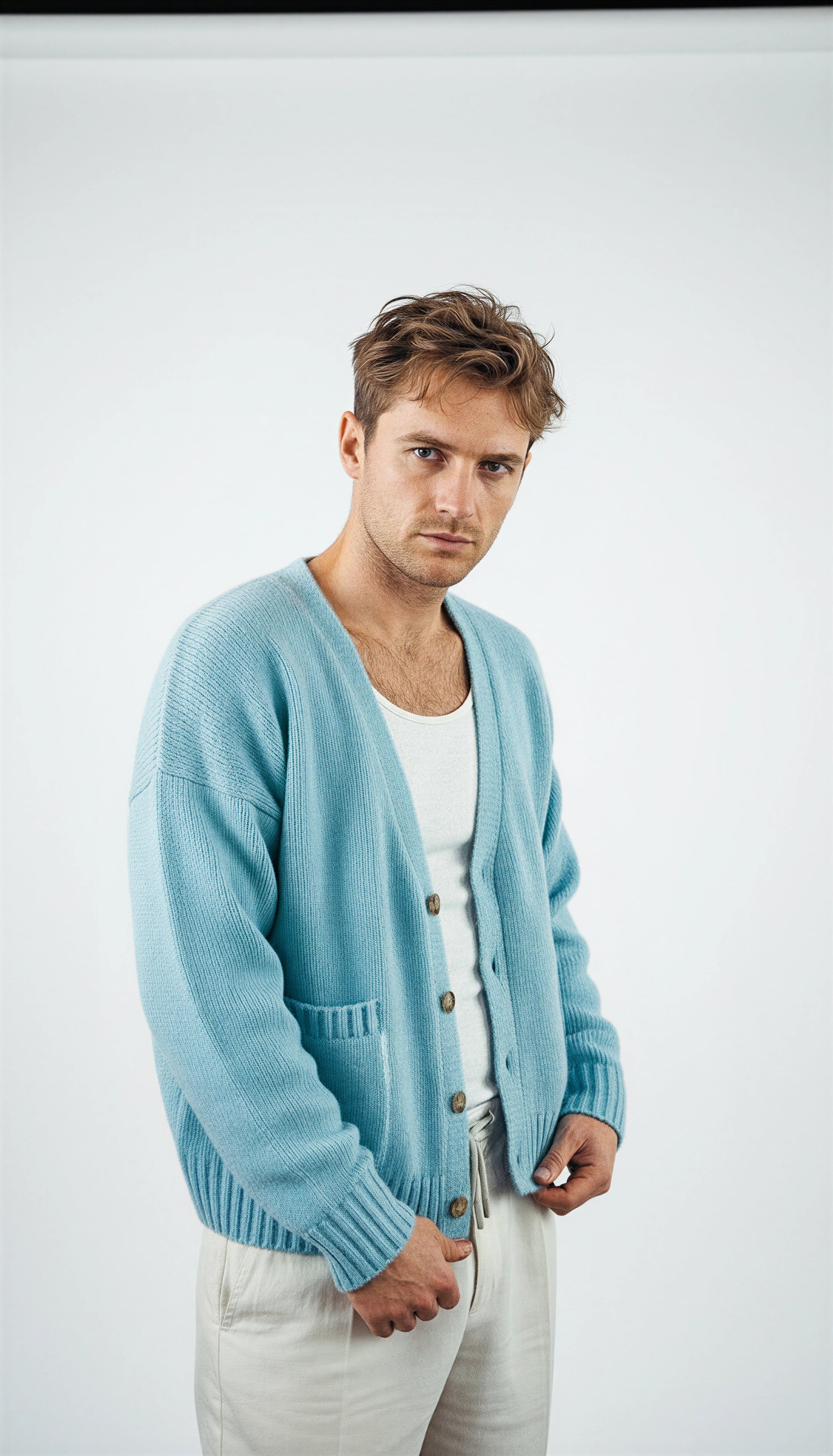 Cardigan Handmade in Peru Baby Alpaca/Silk Slim Fit V-Neck Blue
